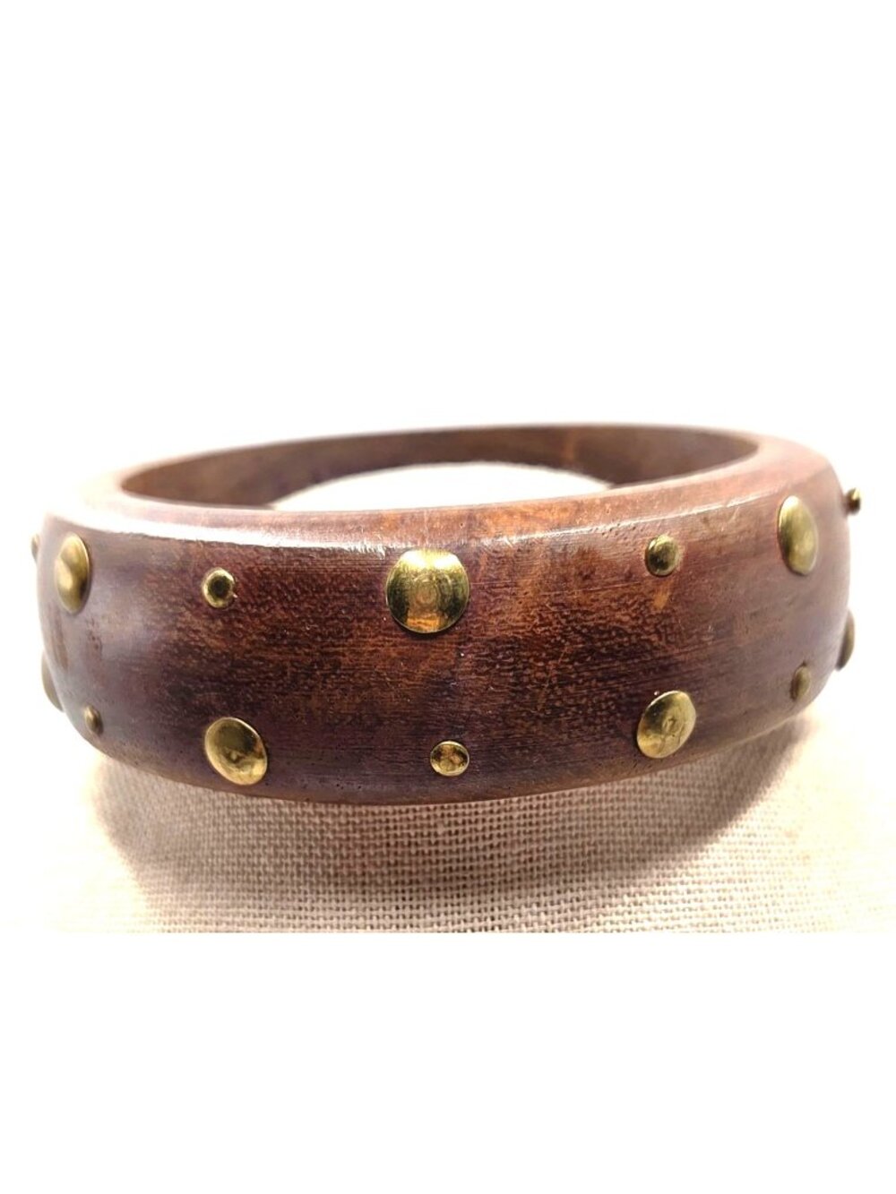 Wooden Bangle Bracelet With Brass Stud Accents For Boho Jewelry Style